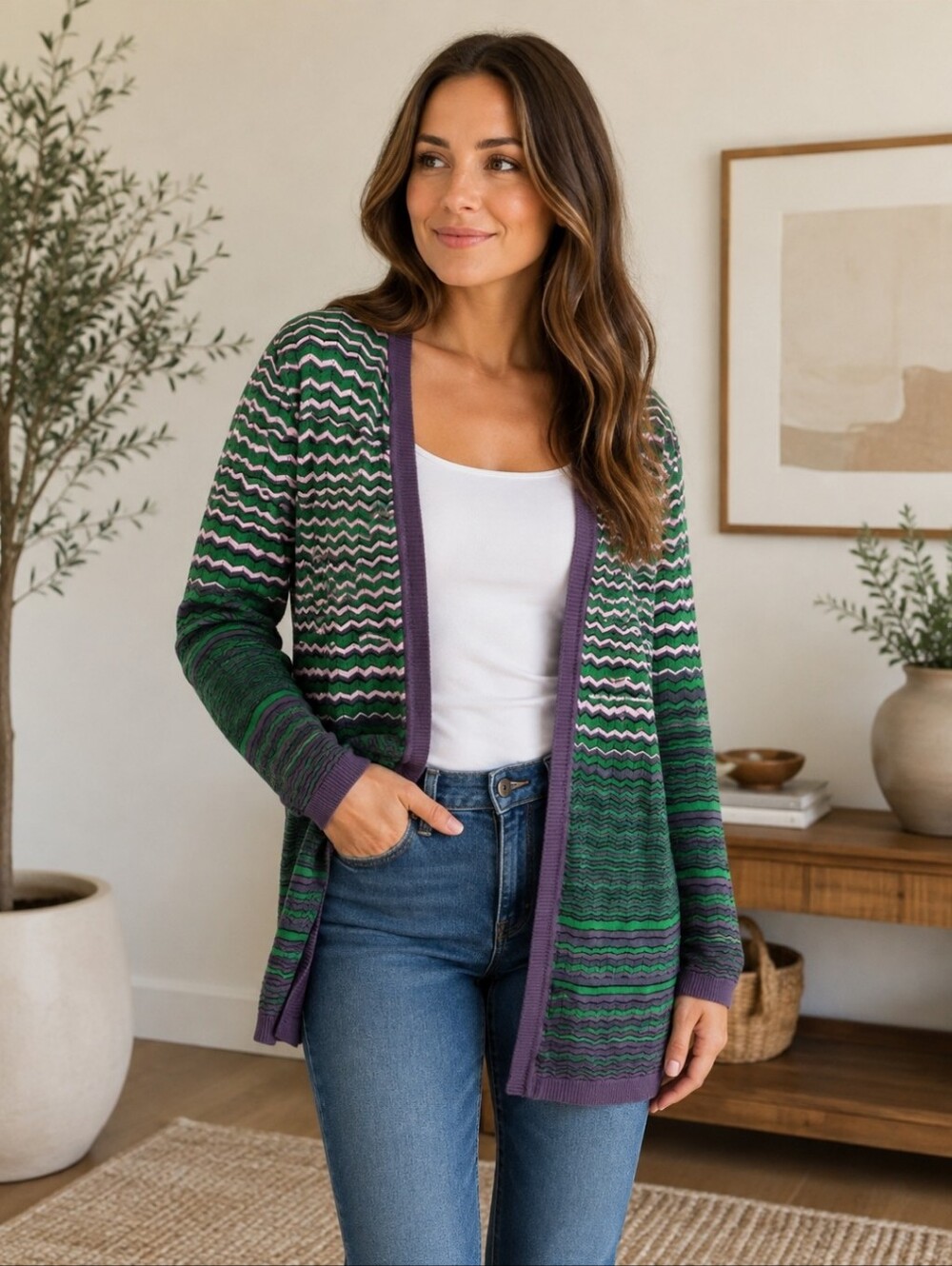 Missoni Duster Cardigan Womens 6 Purple Green Pink Open Front Chevron Knit